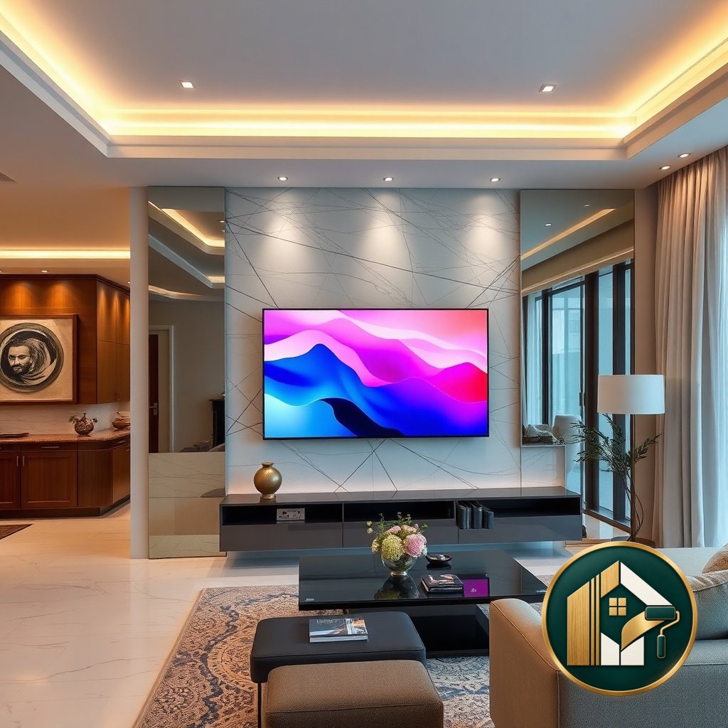 ديكورات شاشات التلفزيون بالرياض - شاشة مع المرايا